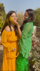 Ruhi Yellow Off Shoulder Tier Leheriya Dress