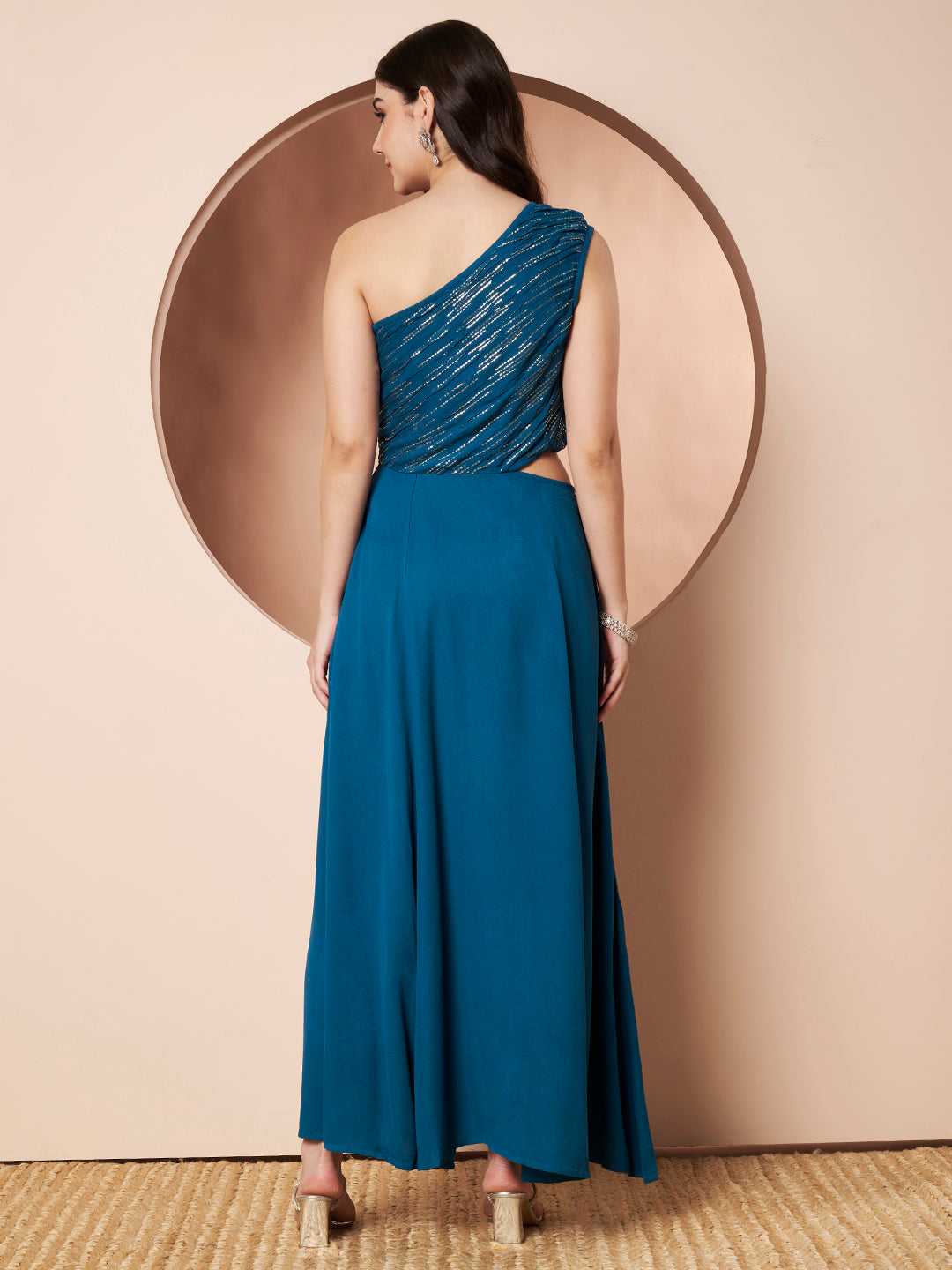 Sitara Teal Womens One Shoulder Maxi Gown Party Dress with Gold Lurex Details