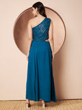 Sitara Teal Womens One Shoulder Maxi Gown Party Dress with Gold Lurex Details