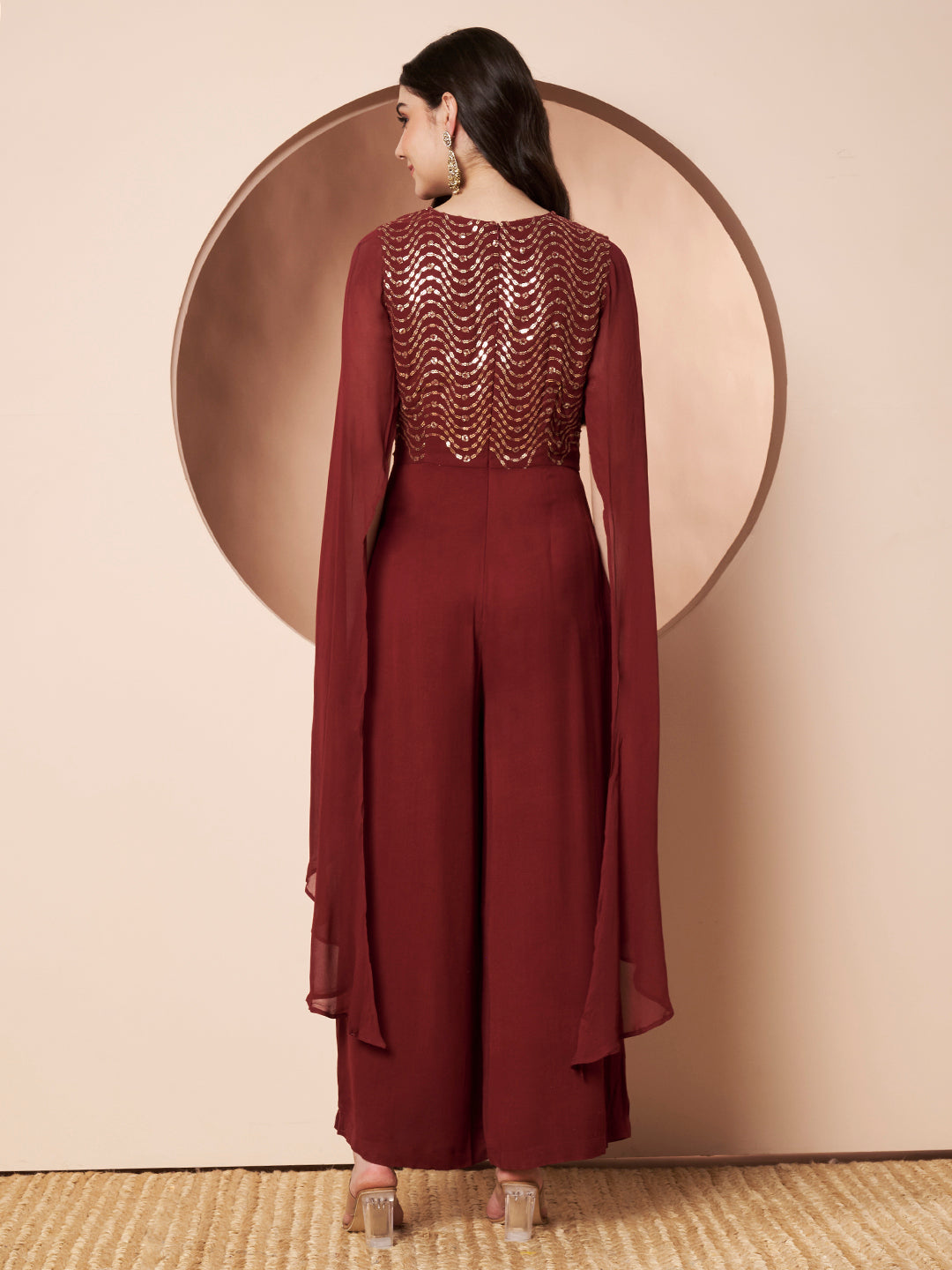 Nazuk Maroon Indo- Western Party Jumpsuit with Cape Sleeves and Gold Embroidery Details for Cocktail
