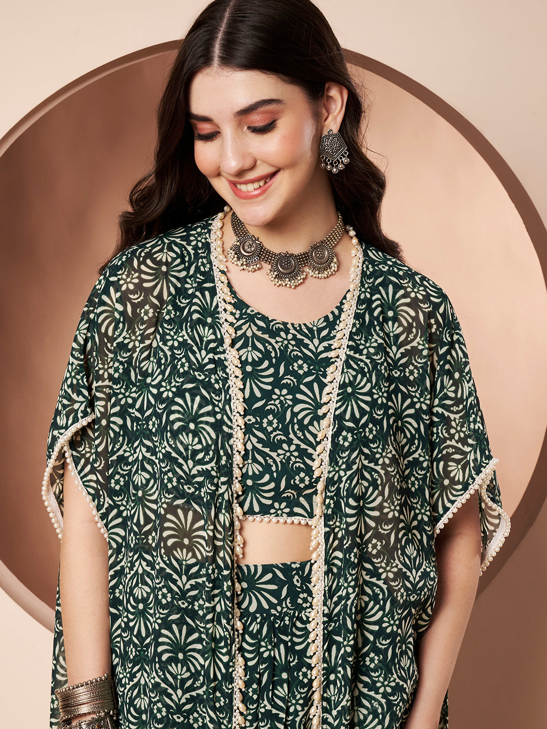 Nautanki Floral Print Green Indo Western Co-ord Set for Women