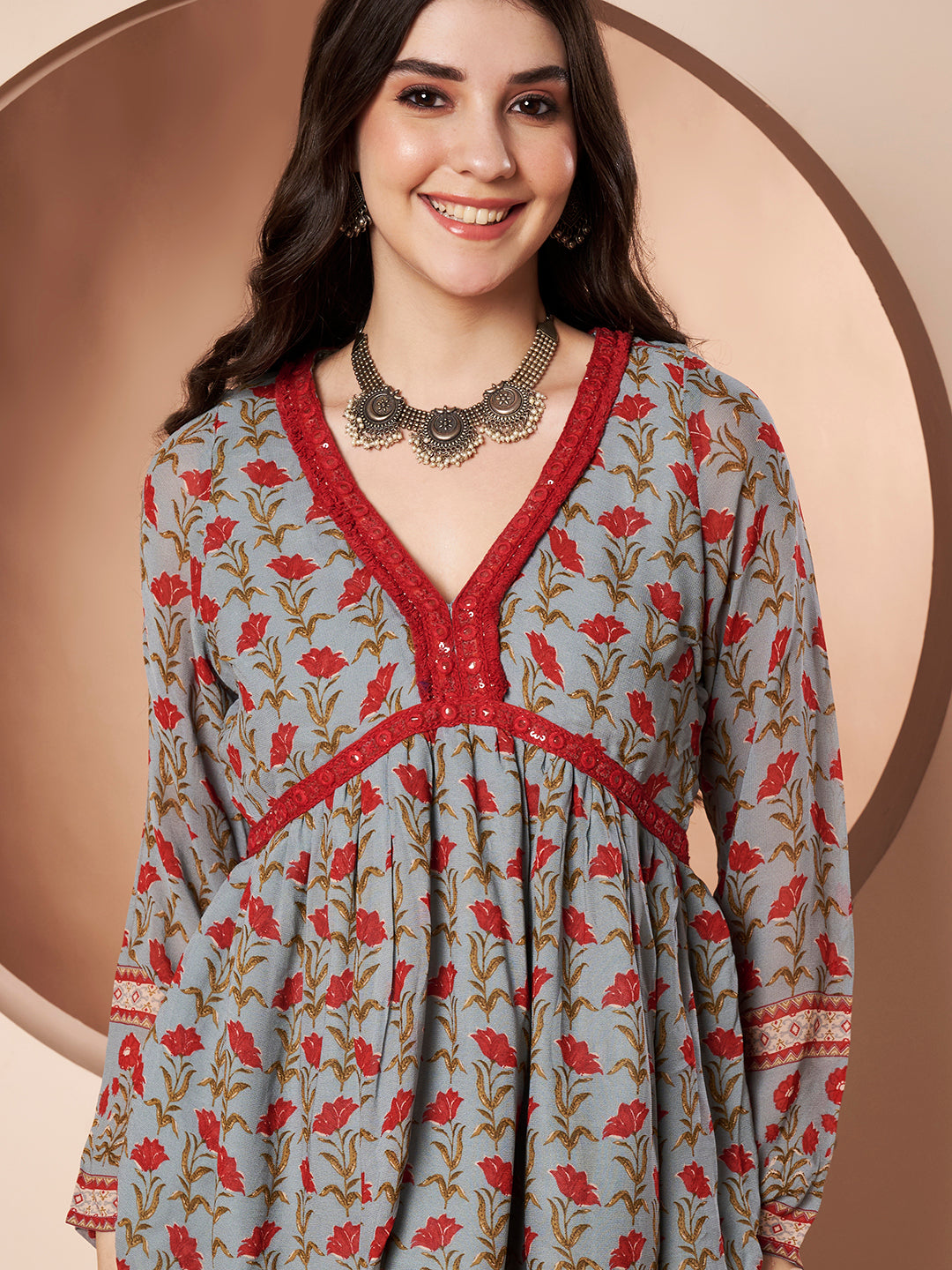 Self-Obsessed Grey and Red Floral Indo Western Co-ord Set for Women