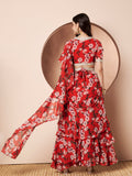 Tikhi Mirchi Womens Red Floral Print Draped Saree with Frills Party Wear