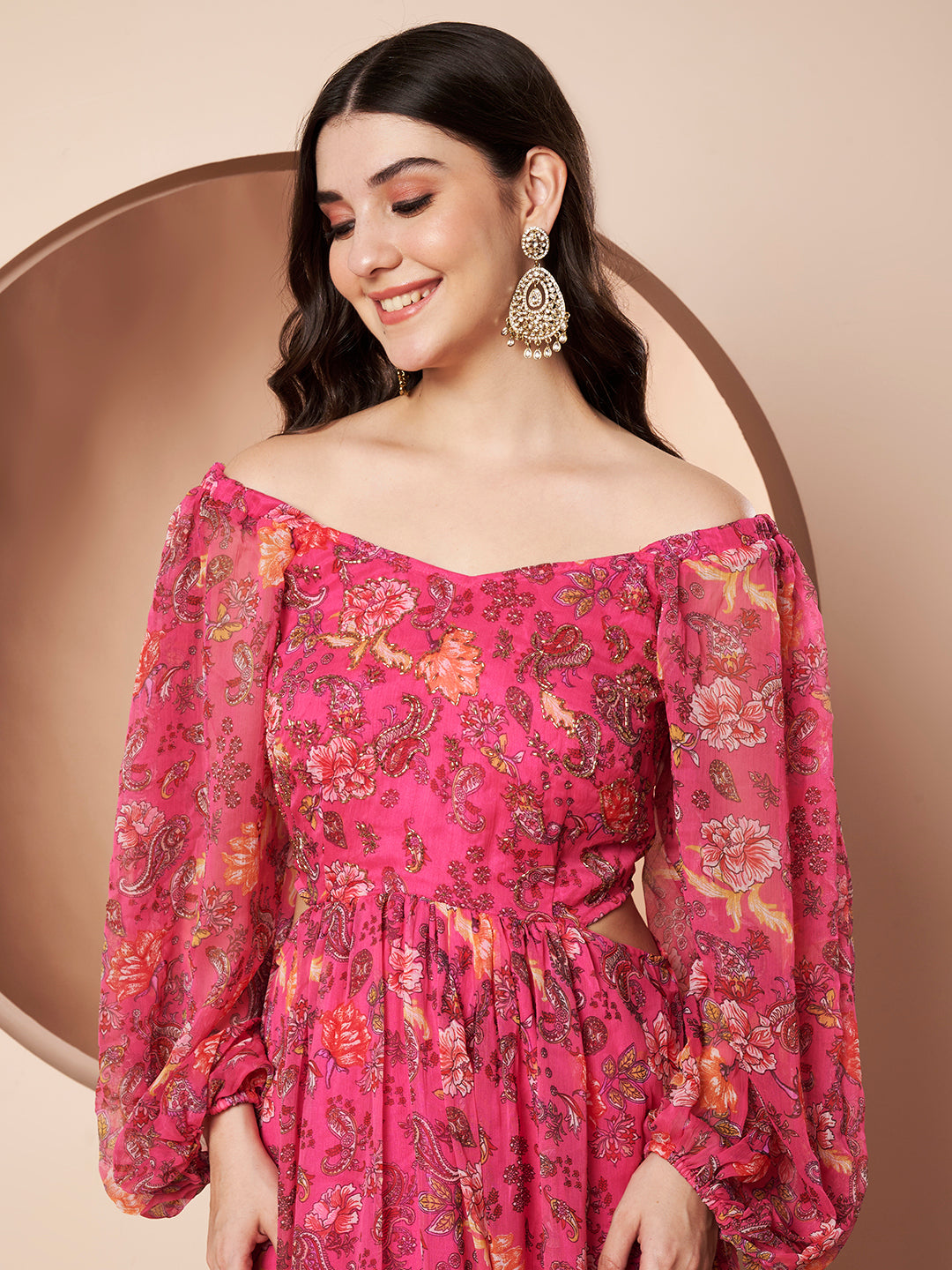 Queenbee Hot Pink Maxi Gown Floral Party Dress for Women with Embroidery Detail Full Sleeves