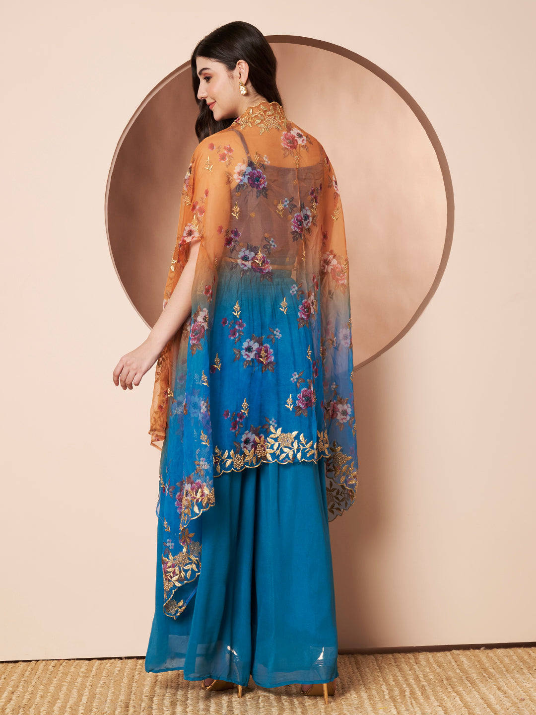 Namaslay Floral Orange Turquoise Ombre Organza Party Co-ord Set for Women