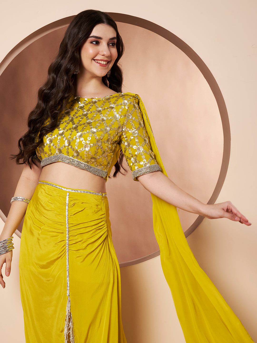 Phooljhadi Lime Green Embroidered Saree Party Co-ord Set for Women