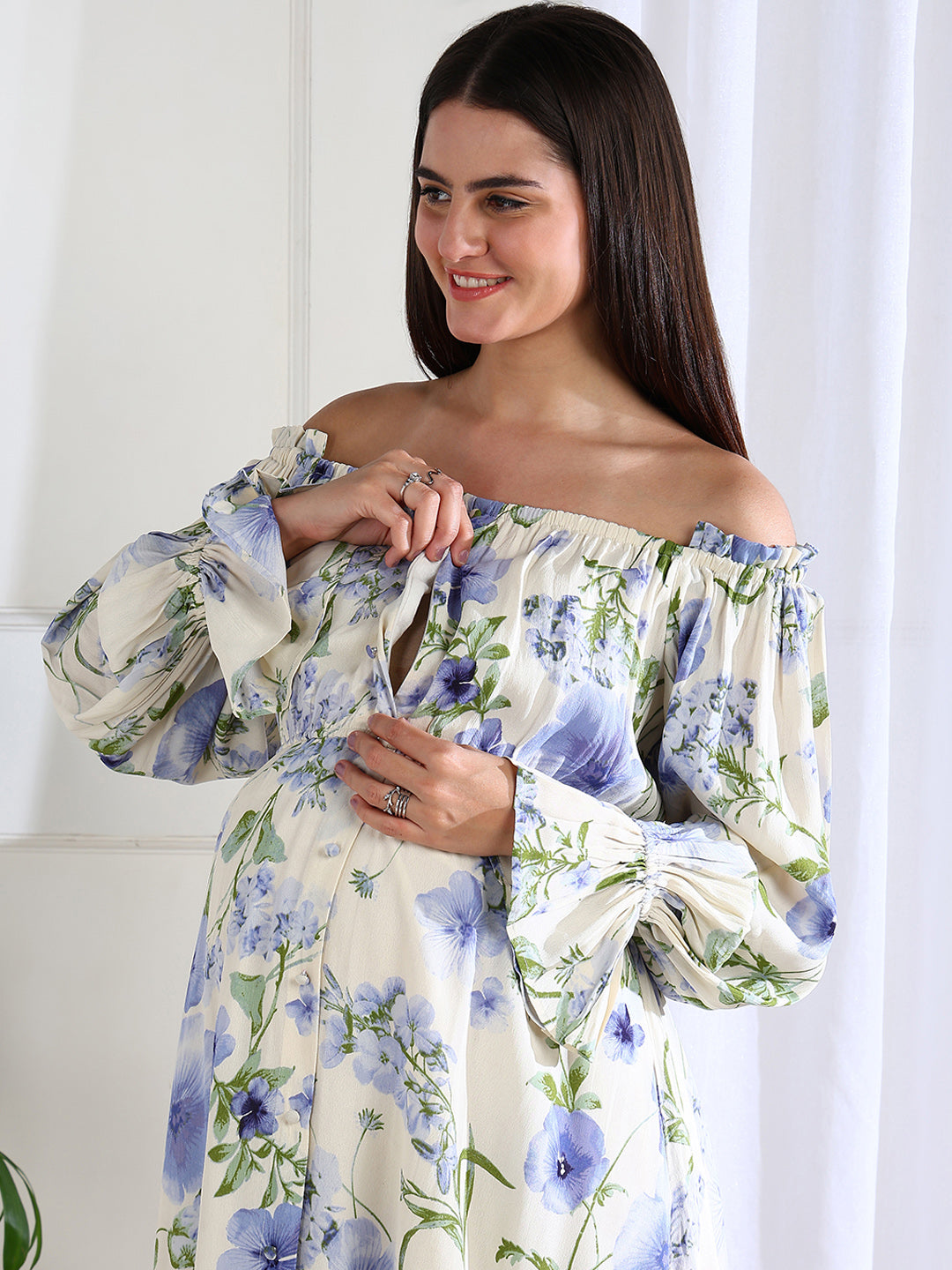 white floral maternity dress Primrose Off Shoulder White & Lavender Floral Maternity Dress with Nur – Shadesofsabi