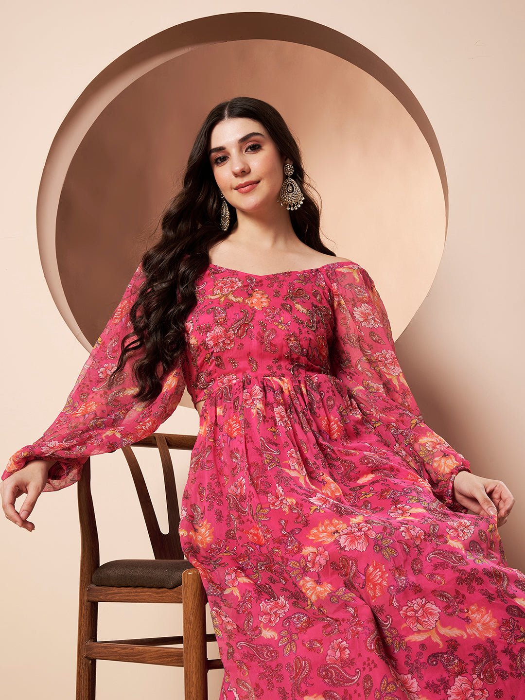 Queenbee Hot Pink Maxi Gown Floral Party Dress for Women with Embroidery Detail Full Sleeves