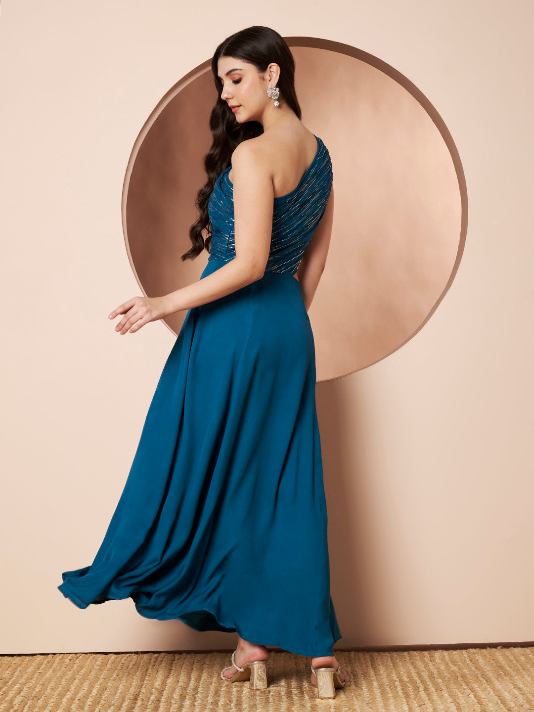 Sitara Teal Womens One Shoulder Maxi Gown Party Dress with Gold Lurex Details