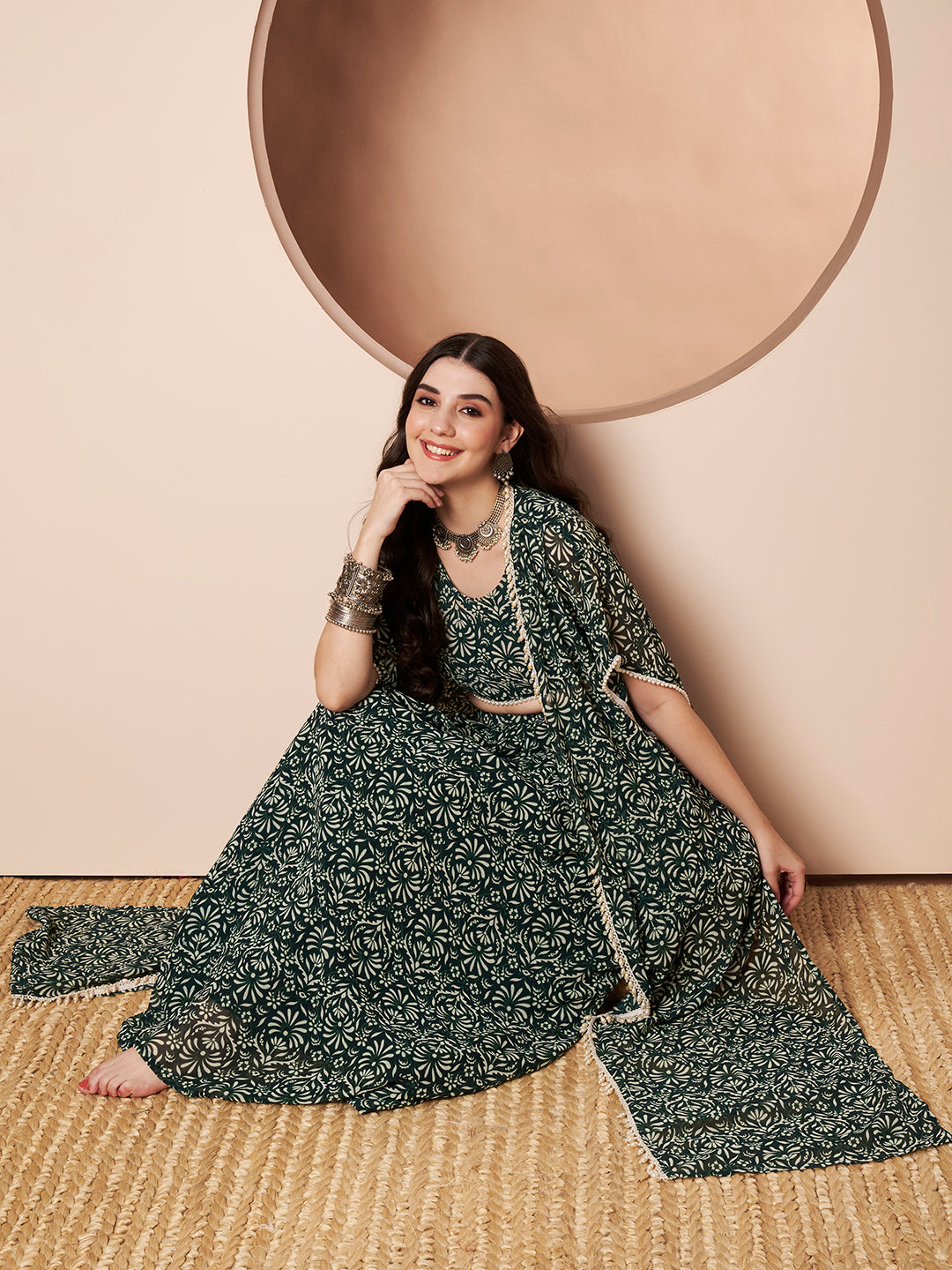 Nautanki Floral Print Green Indo Western Co-ord Set for Women