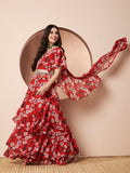 Tikhi Mirchi Womens Red Floral Print Draped Saree with Frills Party Wear