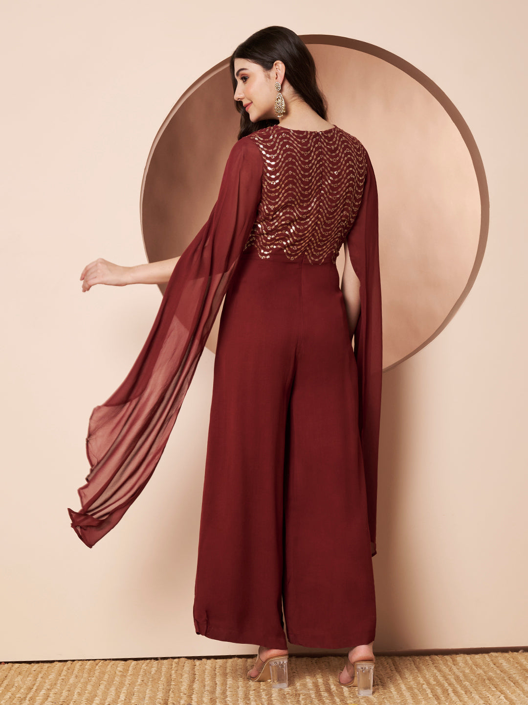 Nazuk Maroon Indo- Western Party Jumpsuit with Cape Sleeves and Gold Embroidery Details for Cocktail
