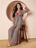 Self-Obsessed Grey and Red Floral Indo Western Co-ord Set for Women