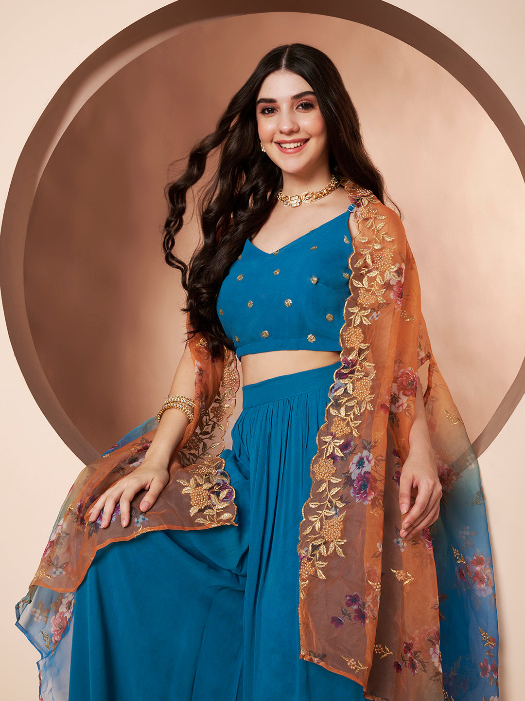 Namaslay Floral Orange Turquoise Ombre Organza Party Co-ord Set for Women