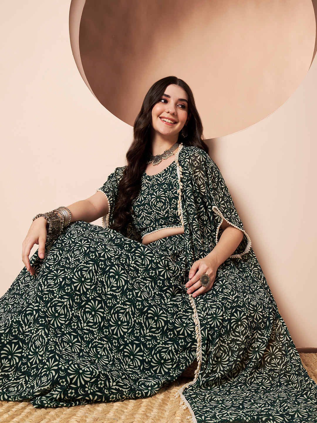 Nautanki Floral Print Green Indo Western Co-ord Set for Women