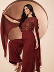 Nazuk Maroon Indo- Western Party Jumpsuit with Cape Sleeves and Gold Embroidery Details for Cocktail