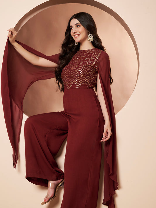 Nazuk Maroon Indo- Western Party Jumpsuit with Cape Sleeves and Gold Embroidery Details for Cocktail