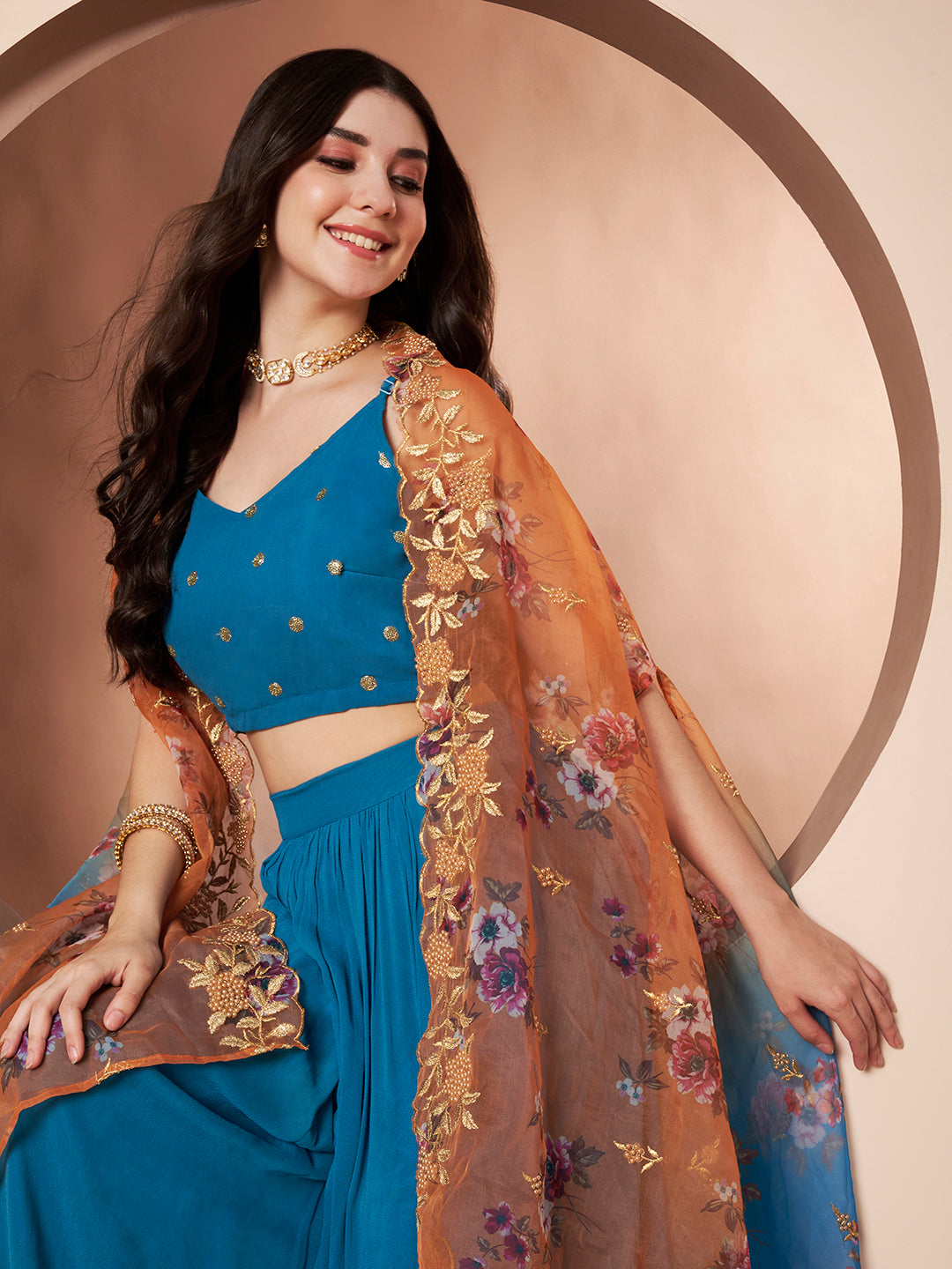 Namaslay Floral Orange Turquoise Ombre Organza Party Co-ord Set for Women