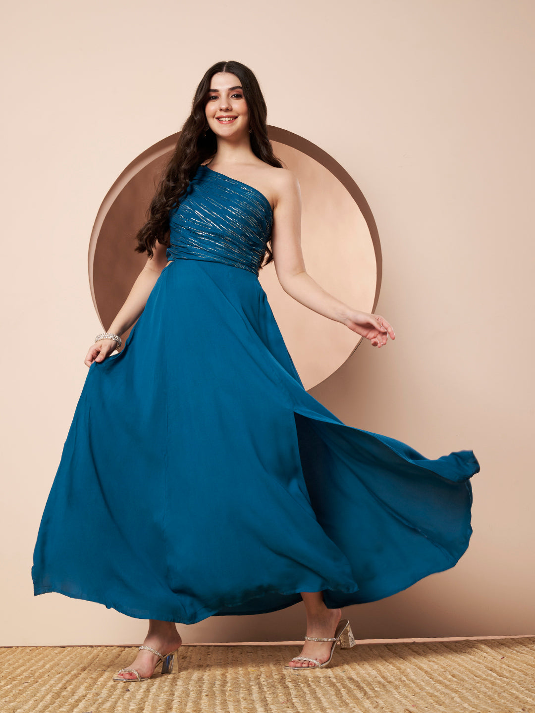 Sitara Teal Womens One Shoulder Maxi Gown Party Dress with Gold Lurex Details