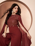 Nazuk Maroon Indo- Western Party Jumpsuit with Cape Sleeves and Gold Embroidery Details for Cocktail