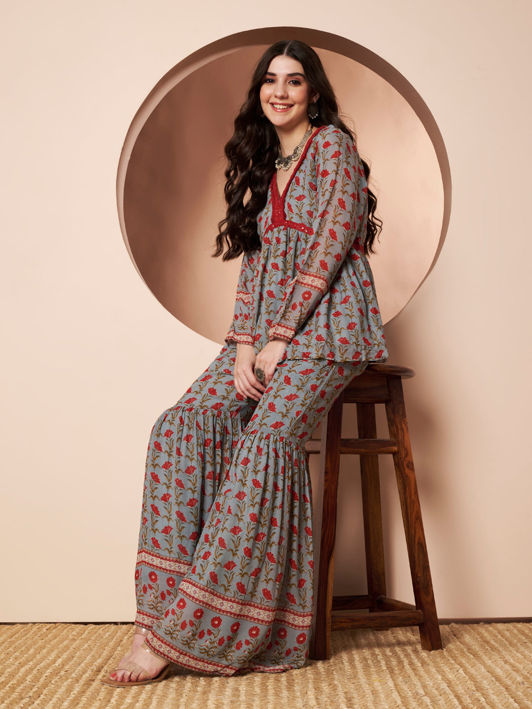 Self-Obsessed Grey and Red Floral Indo Western Co-ord Set for Women
