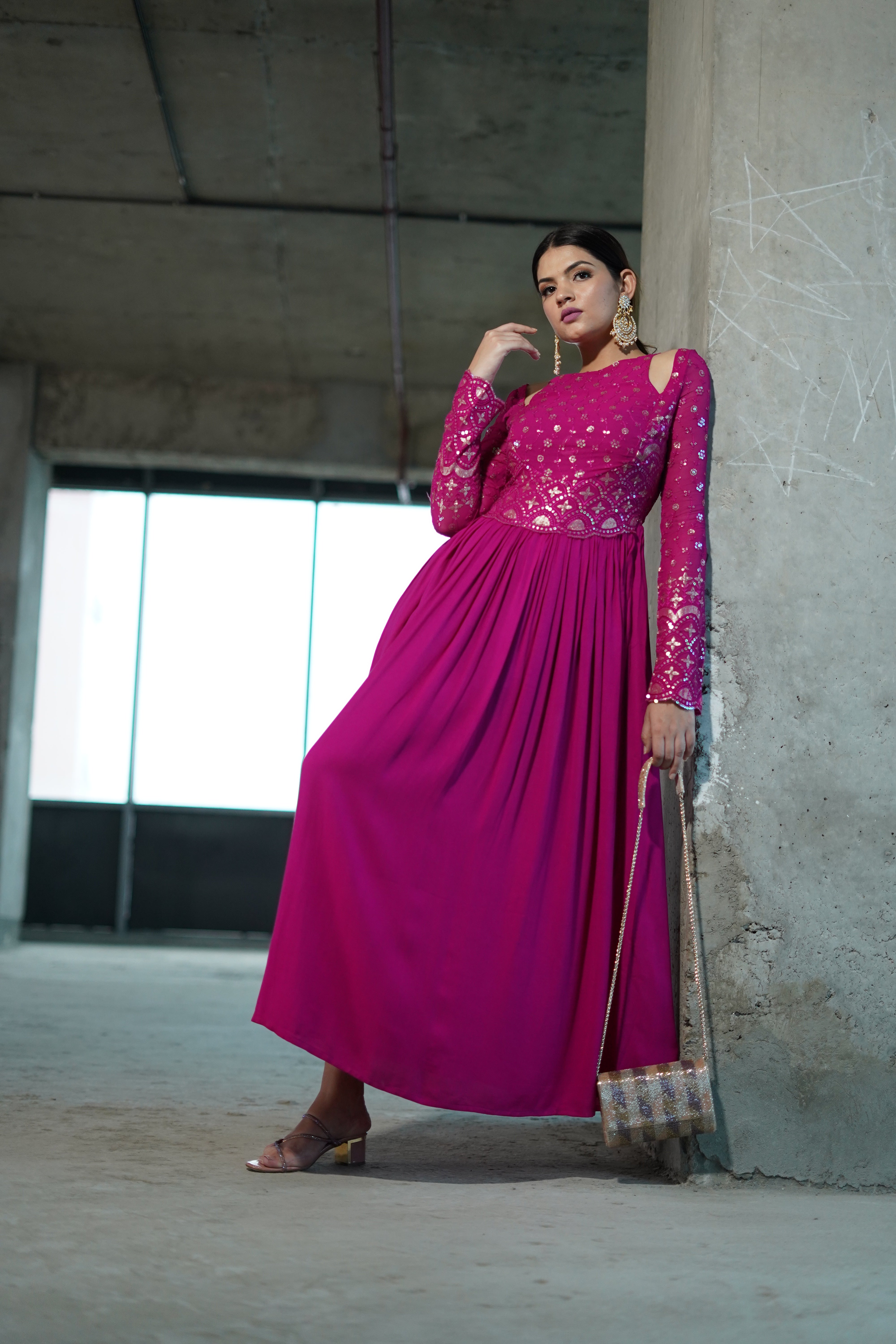 Razia Hot Pink Indo- Western Womens Party Maxi Dress with Embroidery a – Shadesofsabi Razia Hot Pink Indo- Western Womens Party Maxi Dress with Embroidery a – Shadesofsabi