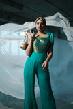 Bomb-Bae Green Brocade Womens Indo Western Party Jumpsuit with Tie Details