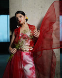 Pyaar Red Tie and Dye Womens Indo Western Party Co-ord Set with Organza Cape and Embellished Belt