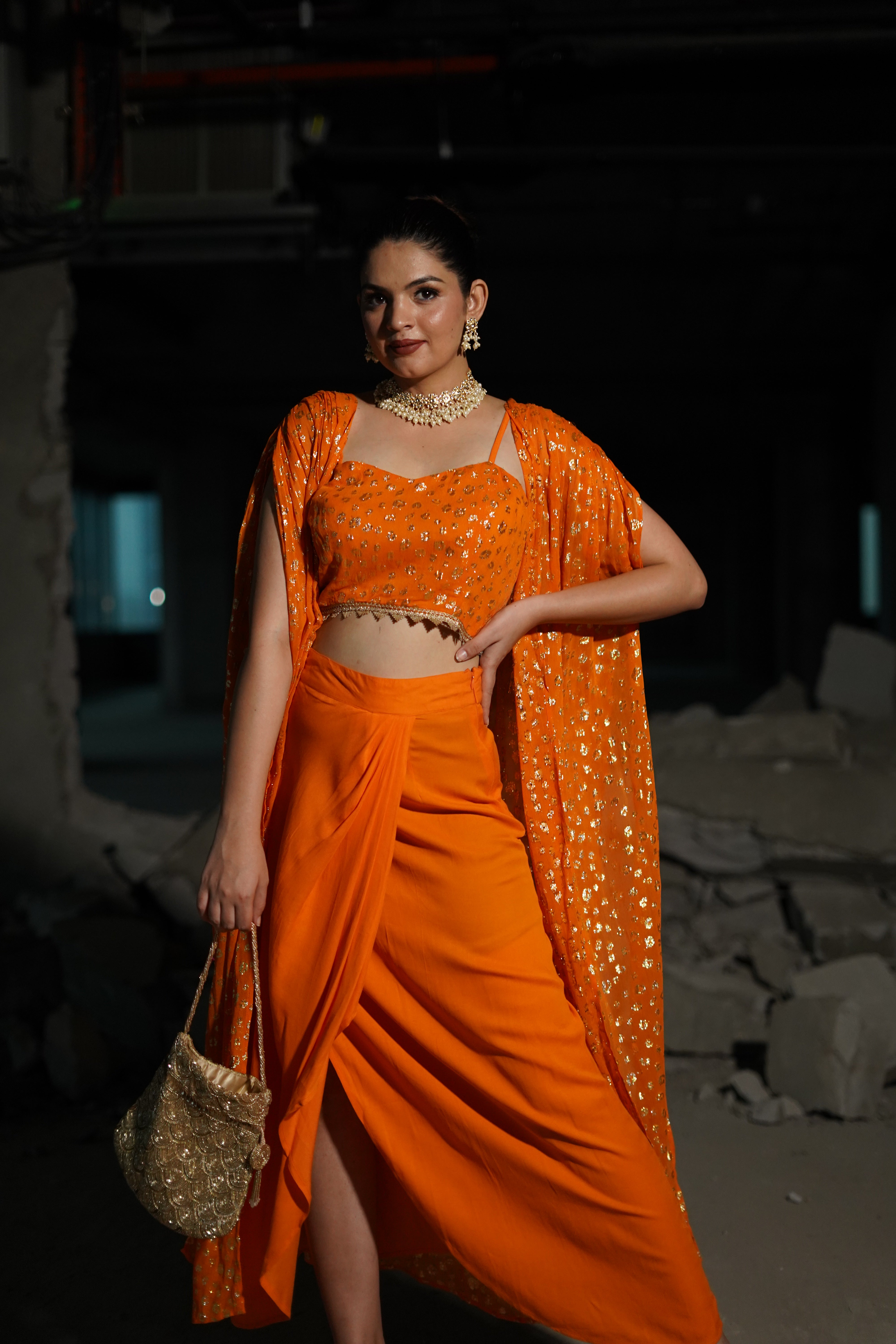 Adya Orange Lurex Womens Indo- Western Party Co-ord Set with Cape For Cocktail