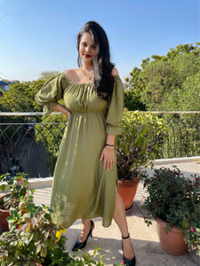 Savana Olive Green Off-Shoulder Casual Summer Dress with Slit