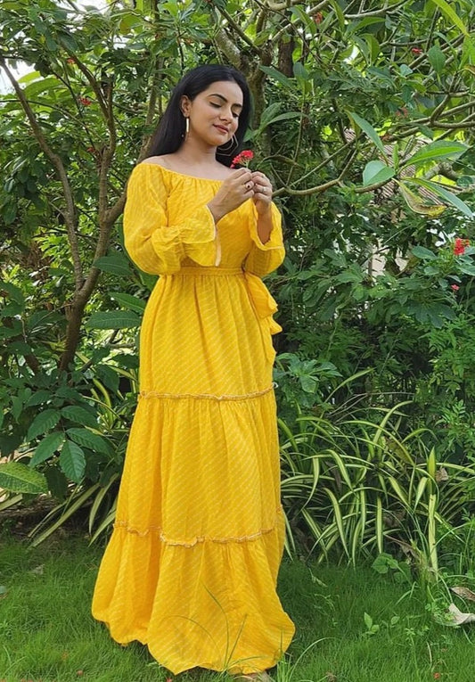 Ruhi Yellow Off Shoulder Tier Leheriya Dress