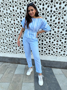 Ciara White and Sky Blue One Shoulder Womens Summer Co-ord Set