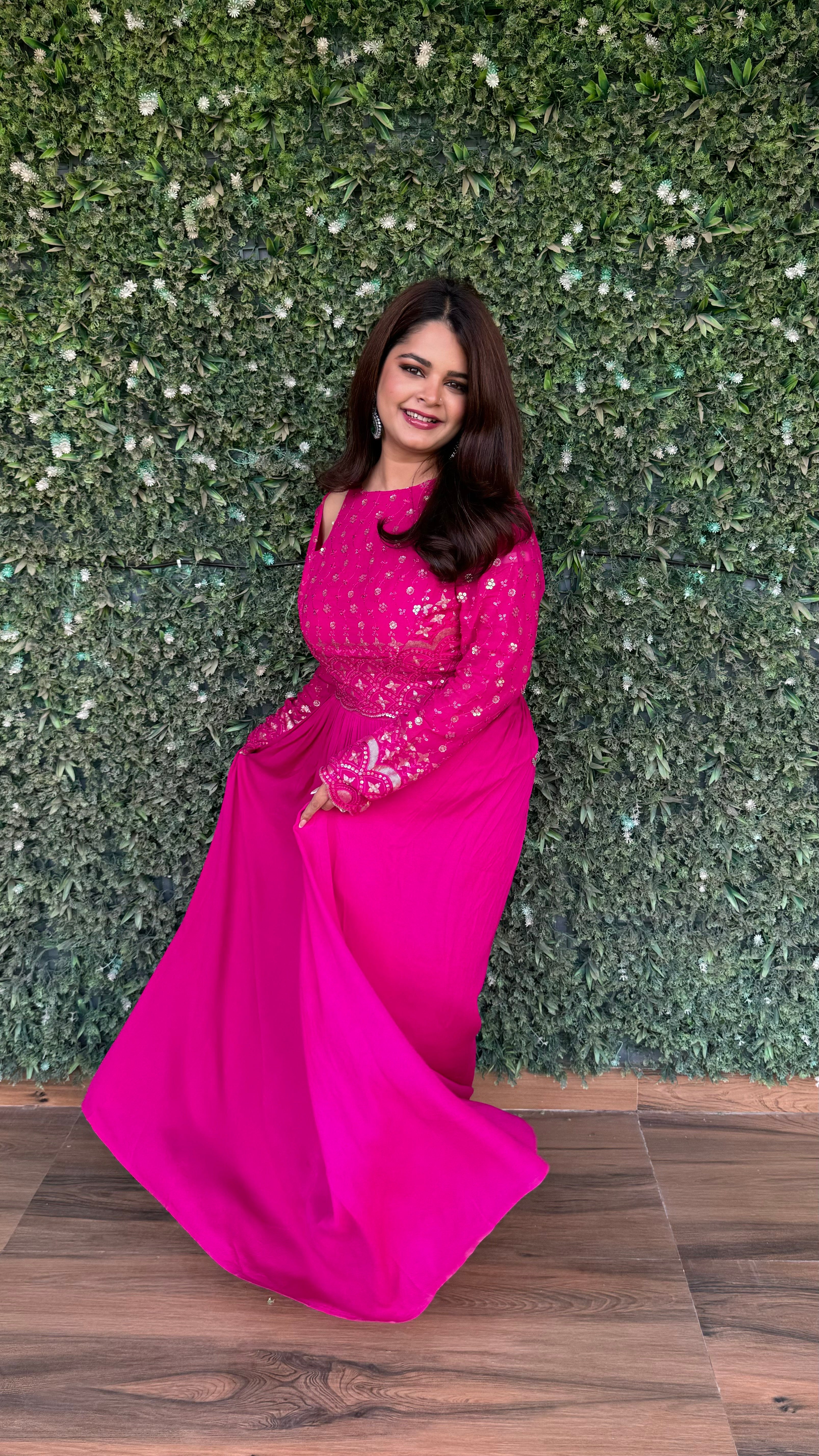 Razia Hot Pink Indo- Western Womens Party Maxi Dress with Embroidery and Cut Out Details for Cocktail Razia Hot Pink Indo- Western Womens Party Maxi Dress with Embroidery and Cut Out Details for Cocktail