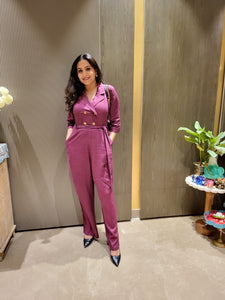 In the Stars Stylish Maroon Blazer Fit Cotton Womens Jumpsuit with Belt and Pockets