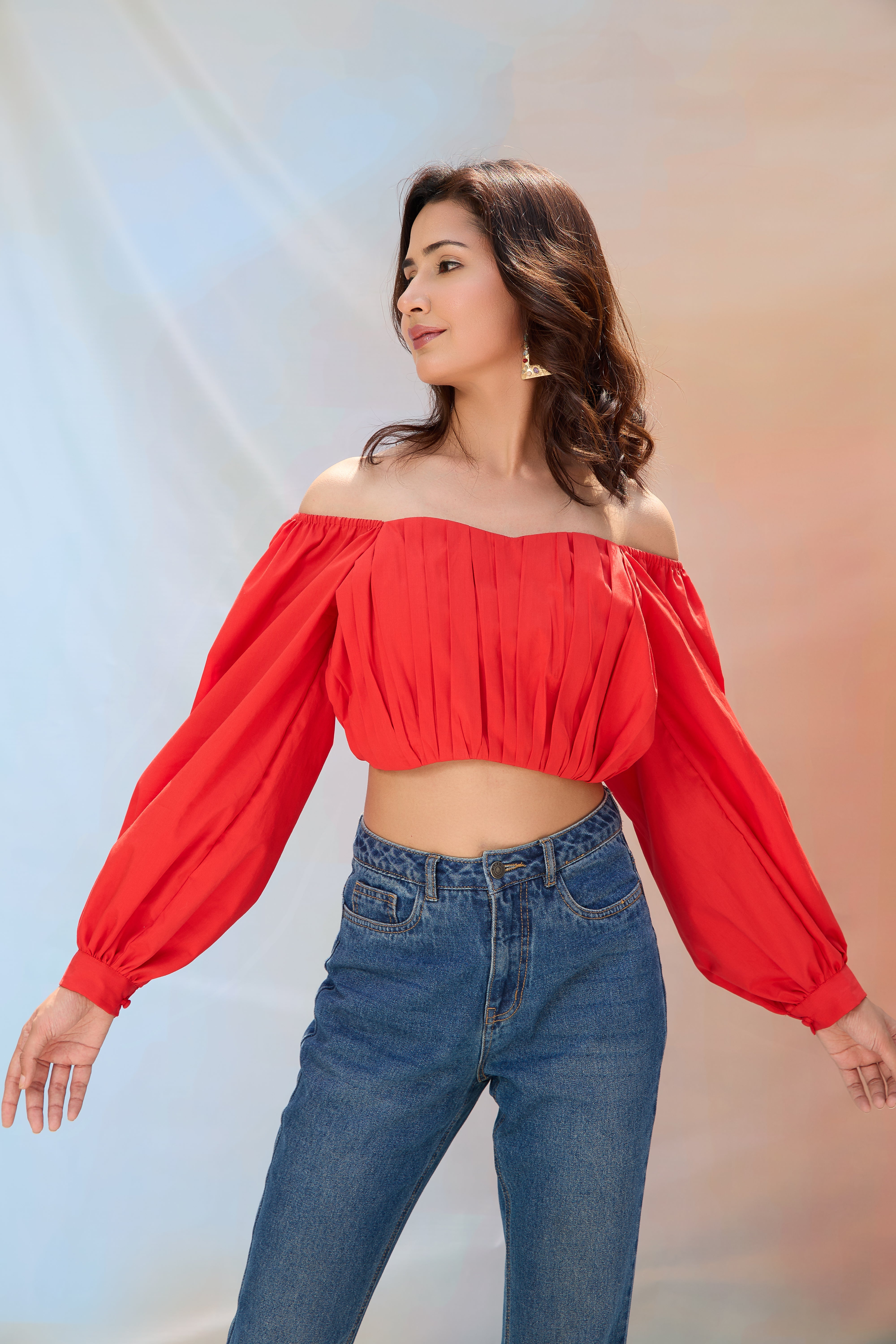 Valentina Red Off Shoulder Pleated Crop Top for Women
