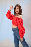 Valentina Red Off Shoulder Pleated Crop Top for Women