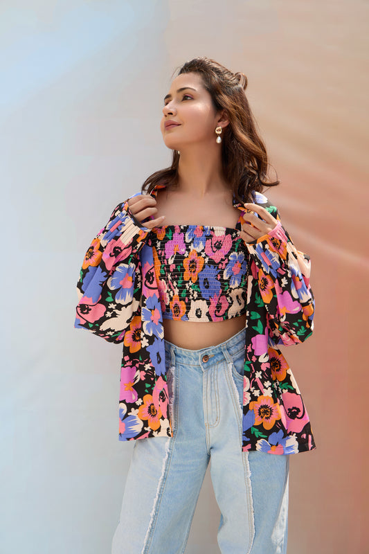 Joy Floral Co-ord Set with Crop Top and Cape for women