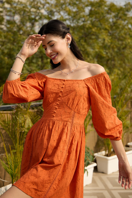 Thank U, Next Rust Schiffli Mini Summer Dress for Women