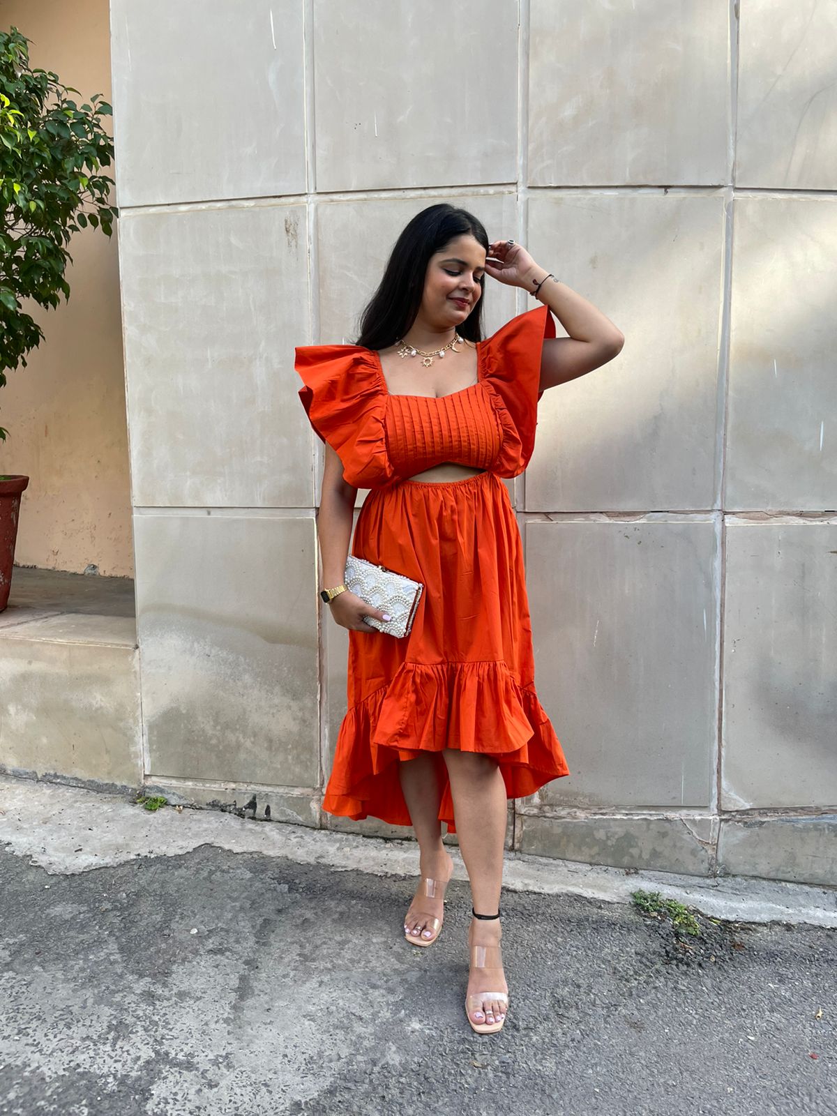 high low orange dress Loragal Sleeveless Cinch Waist Party Bubble Mullet Maxi Dresses-Orange Orange-S