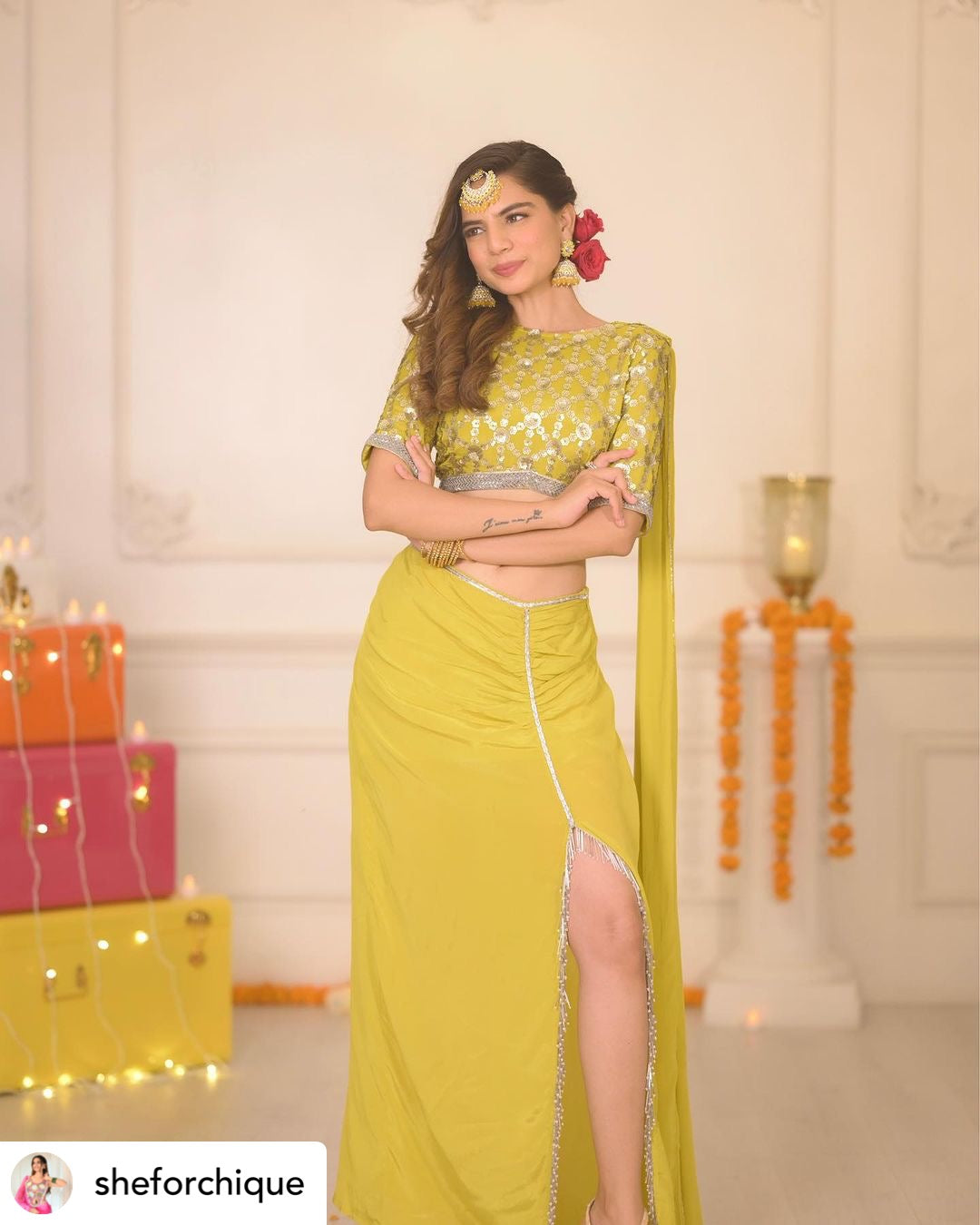 Phooljhadi Lime Green Embroidered Saree Party Co-ord Set for Women ...