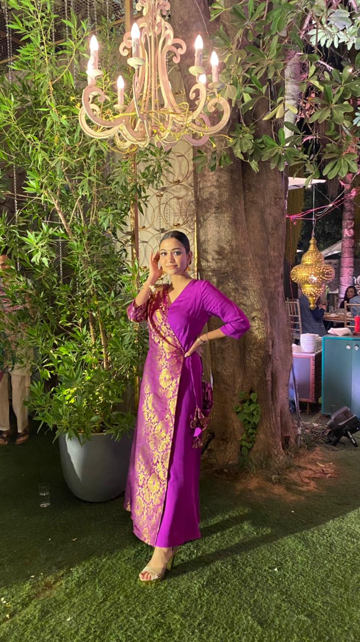 Sundari Royal Purple Womens Indo Western Brocade Wrap Party Dress