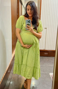 Pistachio Pista Green Cotton Womens Nursing Maternity Dress with Hidden Nursing Features