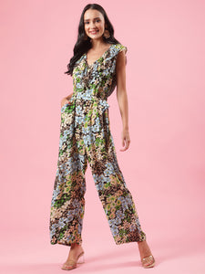 Fire Fly Green and Black Floral Print Summer Stylish Jumpsuit for Women with Belt and Pockets