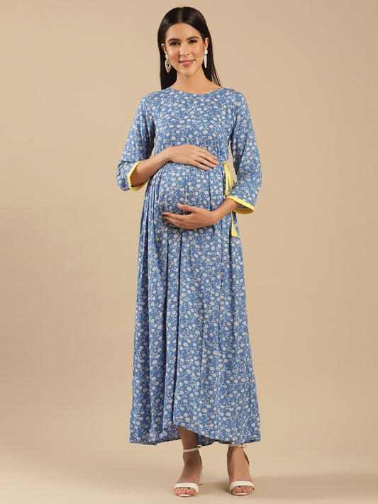 Naomi Blue Viscose Floral Maternity Dress