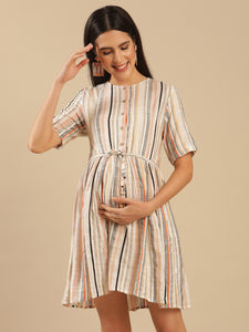 Caramel Beige Viscose Stripe Maternity Dress