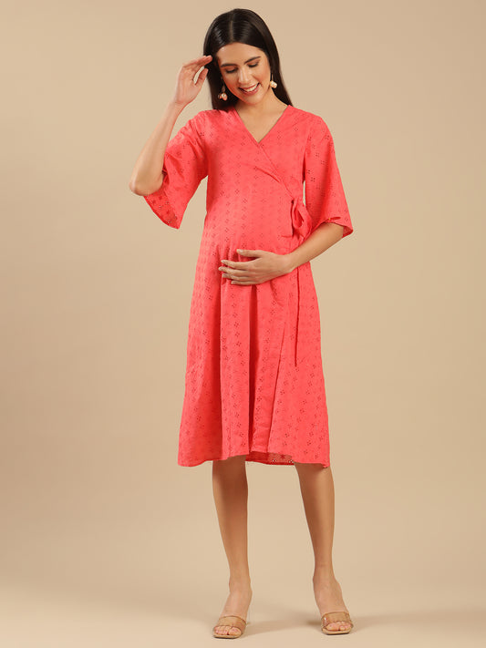 Lily Coral Cotton Schiffli Maternity Dress