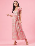 Blossom Pink Floral Womens Cotton Maxi Dress with Button Detail and Slit