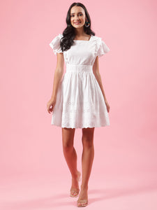Blaze White Schiffli Womens Cotton Summer Party Dress with Frills