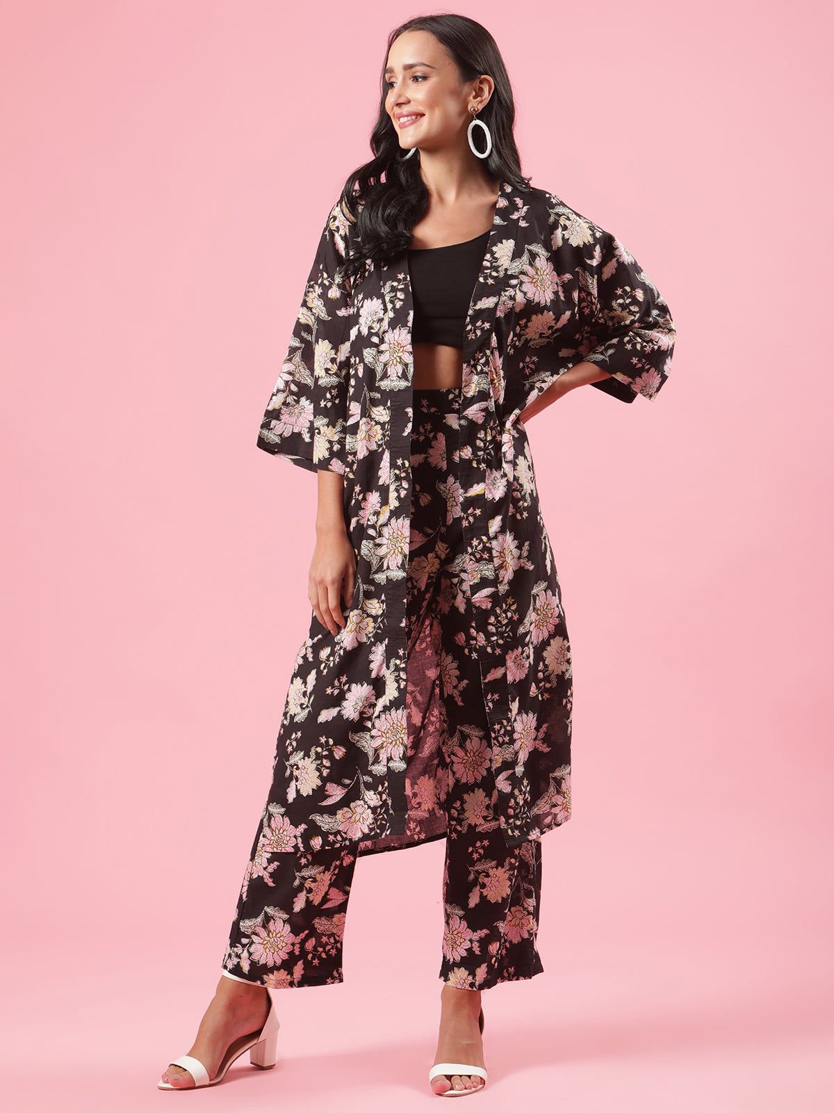 Floral Fever Black Floral Womens Cotton Summer Co-ord Set with Cape
