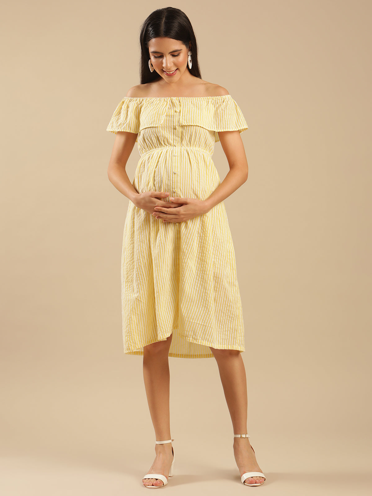 Sunshine Yellow Cotton Stripe Nursing Maternity Dress